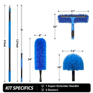 20 Feet High Reach Duster Kit with 5-12 Ft Extension Pole, Cobweb Duster with Telescoping Pole, Window Squeegee with Scrubber, Spider Web Brush, High Ceiling Fan Duster for High Window, Interior Roof