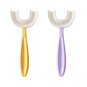 u shaped toothbrush kids 6-12 years old- two premium soft toothbrushes come with travel case & - sensory toothbrush - rounded toothbrush kids size head makes brushing fun & easy - 1 purple, 1 yellow