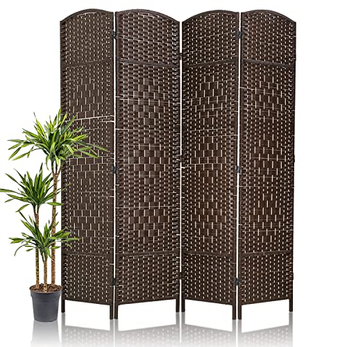 HCY 6FT Room Divider, 4 Panels Wall Divider, Wood Screen Wood Mesh Hand Woven, HCY-RD416-BROWN HCY-RD416-BROWN