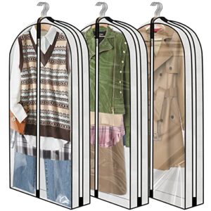 bicine 40" garment bags for hanging clothes, clear suit bags for closet storage travel with 2 zippers, 4" gusset breathable clothes garment cover for coats sweaters shirts dress (white, 3 pack)