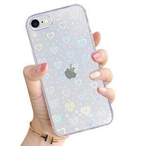 hzcwxqh cute glitter clear laser love hearts phone case compatible with iphone se 2020, iphone 8, iphone 7, slim thin soft shockproof cover for women girls- rainbow heart