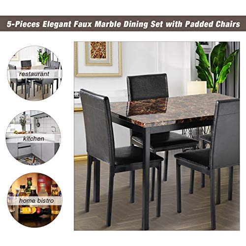 WIILAYOK Dining Table Set for 4, Modern 5-Piece Kitchen Dining Table Set with Faux Marble Tabletop ＆ 4 PU Leather Upholstered Chairs for Living Room, Dinette, Compact Space