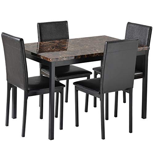 WIILAYOK Dining Table Set for 4, Modern 5-Piece Kitchen Dining Table Set with Faux Marble Tabletop ＆ 4 PU Leather Upholstered Chairs for Living Room, Dinette, Compact Space