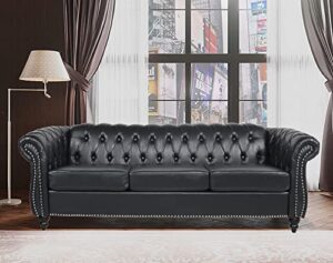 deinppa chesterfield faux leather fabric sofa with rolled arm and nailhead 84" modern design three seater sectional couch for home furniture (faux leather, black)