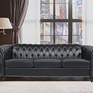 DEINPPA Chesterfield Faux Leather Fabric Sofa with Rolled Arm and Nailhead 84" Modern Design Three Seater Sectional Couch for Home Furniture (Faux Leather, Black)
