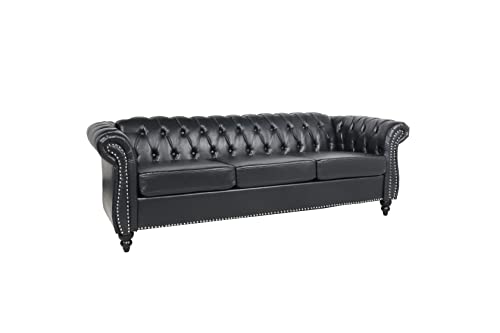 DEINPPA Chesterfield Faux Leather Fabric Sofa with Rolled Arm and Nailhead 84" Modern Design Three Seater Sectional Couch for Home Furniture (Faux Leather, Black)