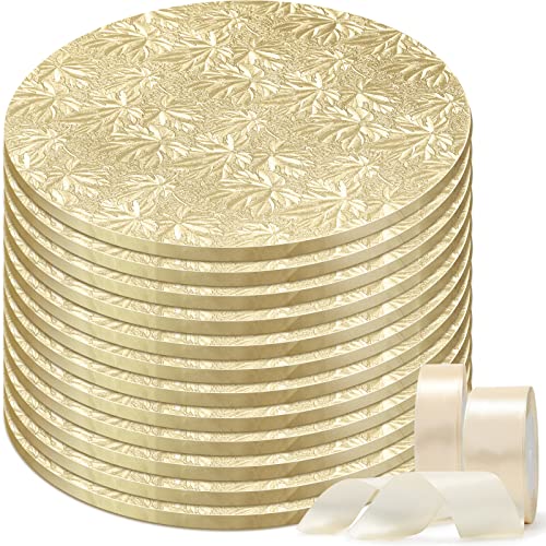 12 Pieces 10 Inch Cake Drums Round with 2 Rolls 1.6/1 Inch Satin White Ribbon Sturdy Cake Boards Wooden Cake Decorating Plate Cake Stands Drum for Home Wedding Bakery Supplies (Gold)