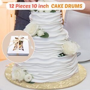 12 Pieces 10 Inch Cake Drums Round with 2 Rolls 1.6/1 Inch Satin White Ribbon Sturdy Cake Boards Wooden Cake Decorating Plate Cake Stands Drum for Home Wedding Bakery Supplies (Gold)