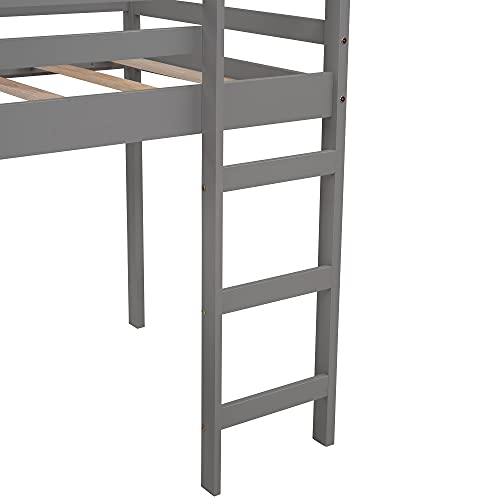 CITYLIGHT Kids Loft Bed with Slide, Twin Loft Bed Frame,House Bed Loft Twin Bed, Wood Low Loft Bed Twin with Roof for Girls Boys, No Box Spring Needed (Grey,Twin Size)