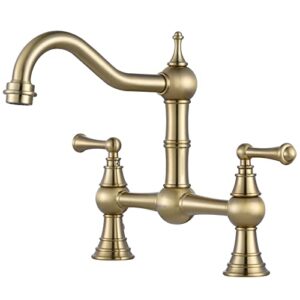 wowow gold bridge kitchen faucet 2 hole antique brass bridge faucet 2 handle 8 inch centerset farmhouse kitchen sink faucet 360° swivel vintage tap