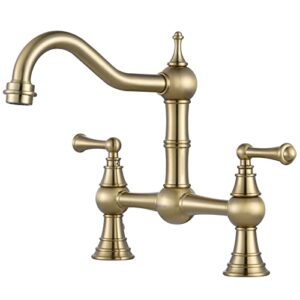 WOWOW Gold Bridge Kitchen Faucet 2 Hole Antique Brass Bridge Faucet 2 Handle 8 Inch Centerset Farmhouse Kitchen Sink Faucet 360° Swivel Vintage Tap