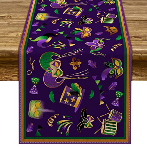 Pudodo Mardi Gras Table Runner Carnival Mask Fleur De Lis Tablecloth New Orleans Masquerade Party Kitchen Dining Home Decoration (13" x 72")