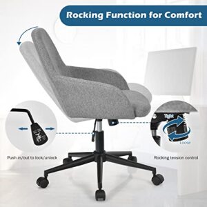 Giantex Fabric Office Chair, Upholstered Linen Leisure Chair, Ergonomic Desk Chair w/Rocking Backrest, Modern Vanity Chair, Swivel Adjustable Task Chair for Bedroom & Study (Grey)