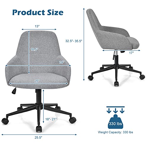 Giantex Fabric Office Chair, Upholstered Linen Leisure Chair, Ergonomic Desk Chair w/Rocking Backrest, Modern Vanity Chair, Swivel Adjustable Task Chair for Bedroom & Study (Grey)