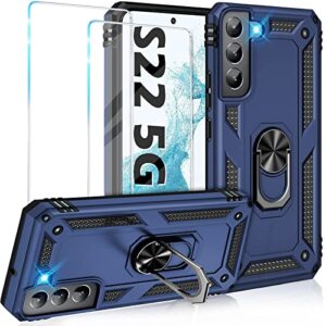 Vaki for Samsung Galaxy S22 5G Case with Built in Screen Protector Military Grade Hard Rugged Cover Heavy Duty Armor Galaxy S22 Phone Cases with Metal Ring Kickstand Shockproof Blue