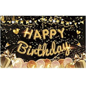 skycase birthday banner,(43 * 71inch) large happy birthday backdrop banner, black gold balloon photography background party decorations for indoor outdoor party,perfect for man,woman,child
