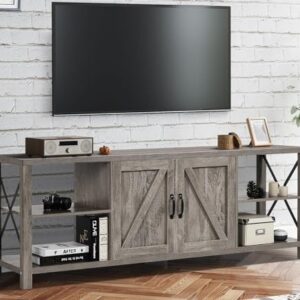 4 EVER WINNER 70" Farmhouse TV Stand for 70 75 80 Inch TV for Living Room, Industrial & Rustic Farmhouse Entertainment Center for 75 Inch TV with Storage and Shelves, Long TV Stand Console, Grey Wash