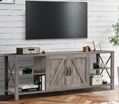 4 EVER WINNER 70" Farmhouse TV Stand for 70 75 80 Inch TV for Living Room, Industrial & Rustic Farmhouse Entertainment Center for 75 Inch TV with Storage and Shelves, Long TV Stand Console, Grey Wash