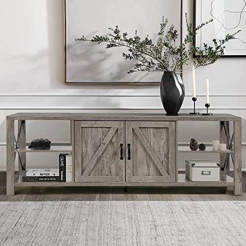 4 EVER WINNER 70" Farmhouse TV Stand for 70 75 80 Inch TV for Living Room, Industrial & Rustic Farmhouse Entertainment Center for 75 Inch TV with Storage and Shelves, Long TV Stand Console, Grey Wash