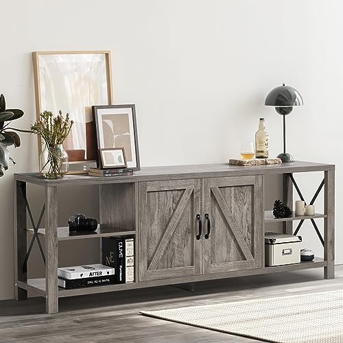 4 EVER WINNER 70" Farmhouse TV Stand for 70 75 80 Inch TV for Living Room, Industrial & Rustic Farmhouse Entertainment Center for 75 Inch TV with Storage and Shelves, Long TV Stand Console, Grey Wash