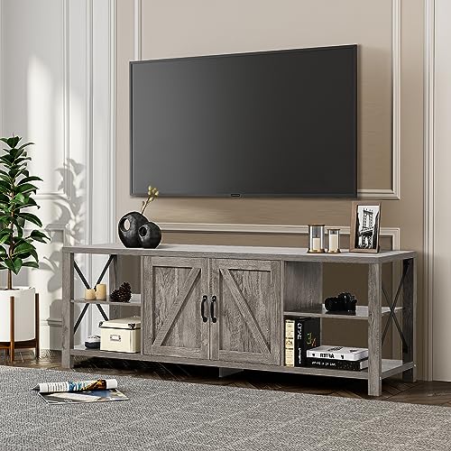 4 EVER WINNER 70" Farmhouse TV Stand for 70 75 80 Inch TV for Living Room, Industrial & Rustic Farmhouse Entertainment Center for 75 Inch TV with Storage and Shelves, Long TV Stand Console, Grey Wash