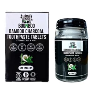 boonboo bamboo charcoal toothpaste tablets | 60ct teeth cleaning tabs | travel friendly mouthwash | plastic-free glass bottle and aluminum cap