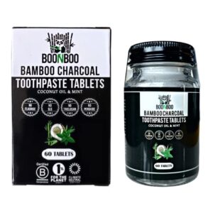 BOONBOO Bamboo Charcoal Toothpaste Tablets | 60ct Teeth Cleaning Tabs | Travel Friendly Mouthwash | Plastic-Free Glass Bottle and Aluminum Cap