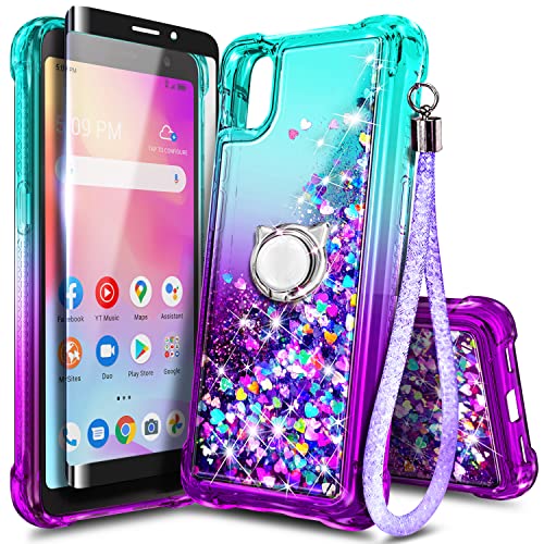 NZND Case for Alcatel TCL A3 (A509DL)/TCL A30 with Tempered Glass Screen Protector (Maximum Coverage), Ring Holder/Wrist Strap, Women Girls Kids Sparkle Glitter Liquid Cute Case -Aqua/Purple