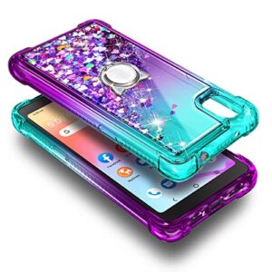 NZND Case for Alcatel TCL A3 (A509DL)/TCL A30 with Tempered Glass Screen Protector (Maximum Coverage), Ring Holder/Wrist Strap, Women Girls Kids Sparkle Glitter Liquid Cute Case -Aqua/Purple