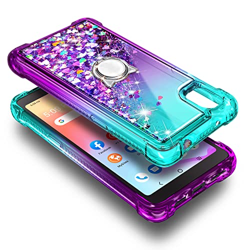 NZND Case for Alcatel TCL A3 (A509DL)/TCL A30 with Tempered Glass Screen Protector (Maximum Coverage), Ring Holder/Wrist Strap, Women Girls Kids Sparkle Glitter Liquid Cute Case -Aqua/Purple