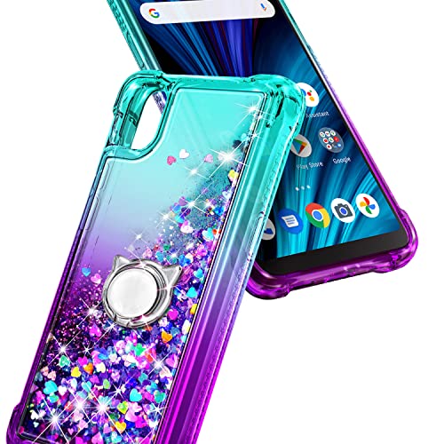 NZND Case for Alcatel TCL A3 (A509DL)/TCL A30 with Tempered Glass Screen Protector (Maximum Coverage), Ring Holder/Wrist Strap, Women Girls Kids Sparkle Glitter Liquid Cute Case -Aqua/Purple