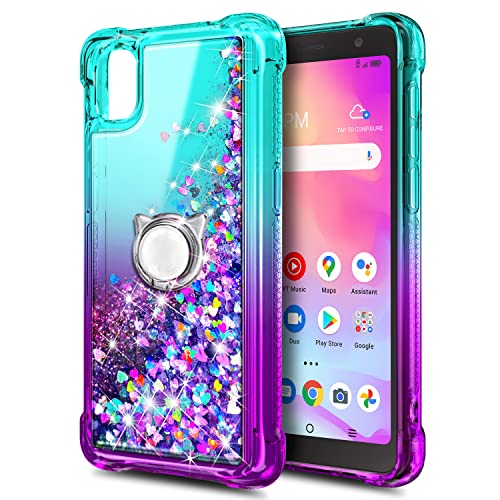 NZND Case for Alcatel TCL A3 (A509DL)/TCL A30 with Tempered Glass Screen Protector (Maximum Coverage), Ring Holder/Wrist Strap, Women Girls Kids Sparkle Glitter Liquid Cute Case -Aqua/Purple