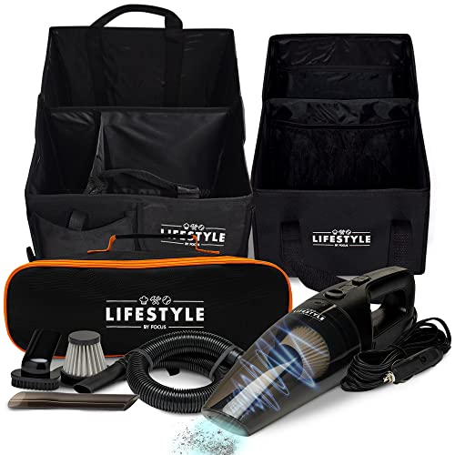 Lifestyle by Focus Car Storage and Vacuum Set - Includes Large Trunk Organizer, On-Seat Organizer, and 12V Portable Car Vacuum