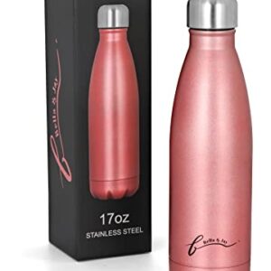 Bella&Jay Insulated Double Wall Vacuum Stainless Steel Sports Water Bottle, 17 oz Thermo Cola Shaped for hot or cold drinks - Rose Gold