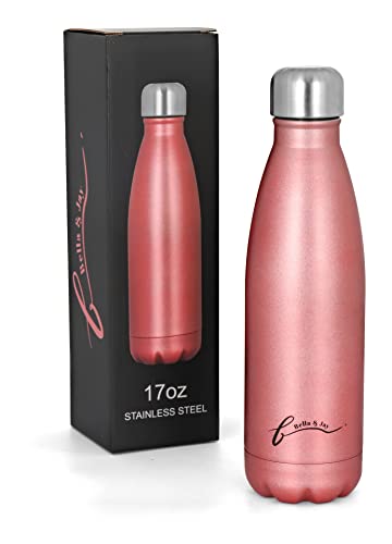 Bella&Jay Insulated Double Wall Vacuum Stainless Steel Sports Water Bottle, 17 oz Thermo Cola Shaped for hot or cold drinks - Rose Gold