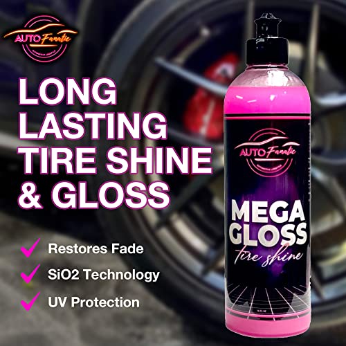 AUTO FANATIC Mega Gloss Tire Shine 16oz - Extra Glossy Car Tire Shine That Works on Rubber, Vinyl & Plastic - Long Lasting Tire Shine Gel That Provides UV Protection and Ultimate Tire Polish Look