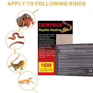 DERPROF Reptile Heating Pad - 16W Under Tank Heater Heat Mat for Reptiles Turtle Bearded Dragon Hermit Crab Leopard Gecko Snake Tank Acessories 8 X 12 Inch