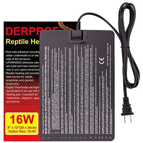 DERPROF Reptile Heating Pad - 16W Under Tank Heater Heat Mat for Reptiles Turtle Bearded Dragon Hermit Crab Leopard Gecko Snake Tank Acessories 8 X 12 Inch