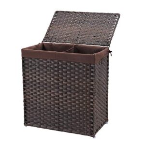 divided double laundry hamper with lid, synthetic rattan handwoven clothes hamper with lid and handles, foldable, removable liner bag, brown