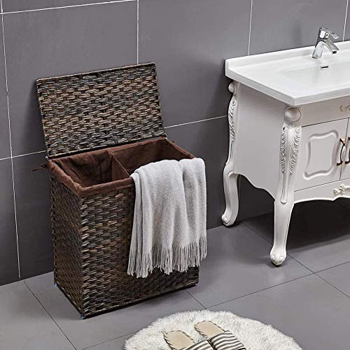 Divided Double Laundry Hamper with Lid, Synthetic Rattan Handwoven Clothes Hamper with Lid and Handles, Foldable, Removable Liner Bag, Brown