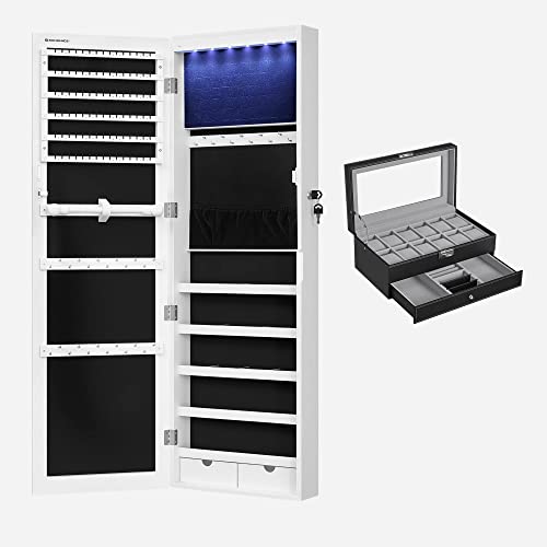 SONGMICS 6 LEDs Mirror Jewelry Cabinet and 12-Slot Watch Box Bundle, Wall Door Mounted Jewelry Armoire Organizer with Mirror and Watch Organizer, White and Black UJJC93W and UJWB012