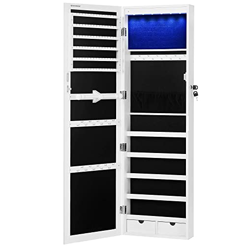 SONGMICS 6 LEDs Mirror Jewelry Cabinet and 12-Slot Watch Box Bundle, Wall Door Mounted Jewelry Armoire Organizer with Mirror and Watch Organizer, White and Black UJJC93W and UJWB012