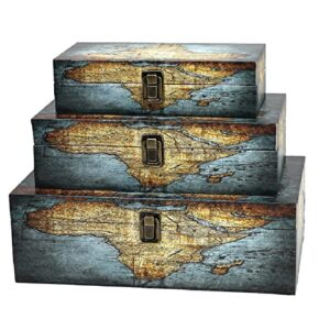 jolitac wood storage box set of 3, vintage decorative nesting boxes wooden treasure storage crates with latch, home decor rustic antique boxes with lid for photos, jewelry, cash (rectangle- map)
