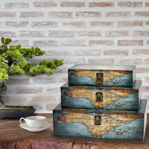 Jolitac Wood Storage Box Set of 3, Vintage Decorative Nesting Boxes Wooden Treasure Storage Crates With Latch, Home Decor Rustic Antique Boxes With Lid for Photos, Jewelry, Cash (Rectangle- Map)