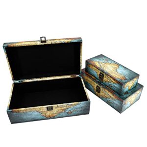 Jolitac Wood Storage Box Set of 3, Vintage Decorative Nesting Boxes Wooden Treasure Storage Crates With Latch, Home Decor Rustic Antique Boxes With Lid for Photos, Jewelry, Cash (Rectangle- Map)