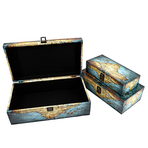 Jolitac Wood Storage Box Set of 3, Vintage Decorative Nesting Boxes Wooden Treasure Storage Crates With Latch, Home Decor Rustic Antique Boxes With Lid for Photos, Jewelry, Cash (Rectangle- Map)