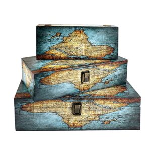 Jolitac Wood Storage Box Set of 3, Vintage Decorative Nesting Boxes Wooden Treasure Storage Crates With Latch, Home Decor Rustic Antique Boxes With Lid for Photos, Jewelry, Cash (Rectangle- Map)