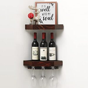 WELLAND Wall Mounted Corner Wine Rack -2 Pack Wooden Rustic Floating Corner Wine Holder with 6-7 Glass Slot Holder