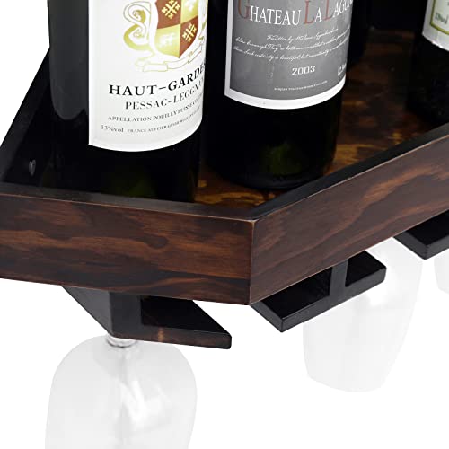 WELLAND Wall Mounted Corner Wine Rack -2 Pack Wooden Rustic Floating Corner Wine Holder with 6-7 Glass Slot Holder