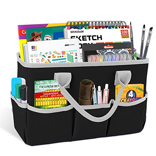 Godery Desktop Tote and Stock Organize, Teacher Helper Tote Bag Organization for Arts, Books, Stationery, etc, and Office Desk Organize, Make-up Storage Tote with Handles for Travel (BLACK-2)